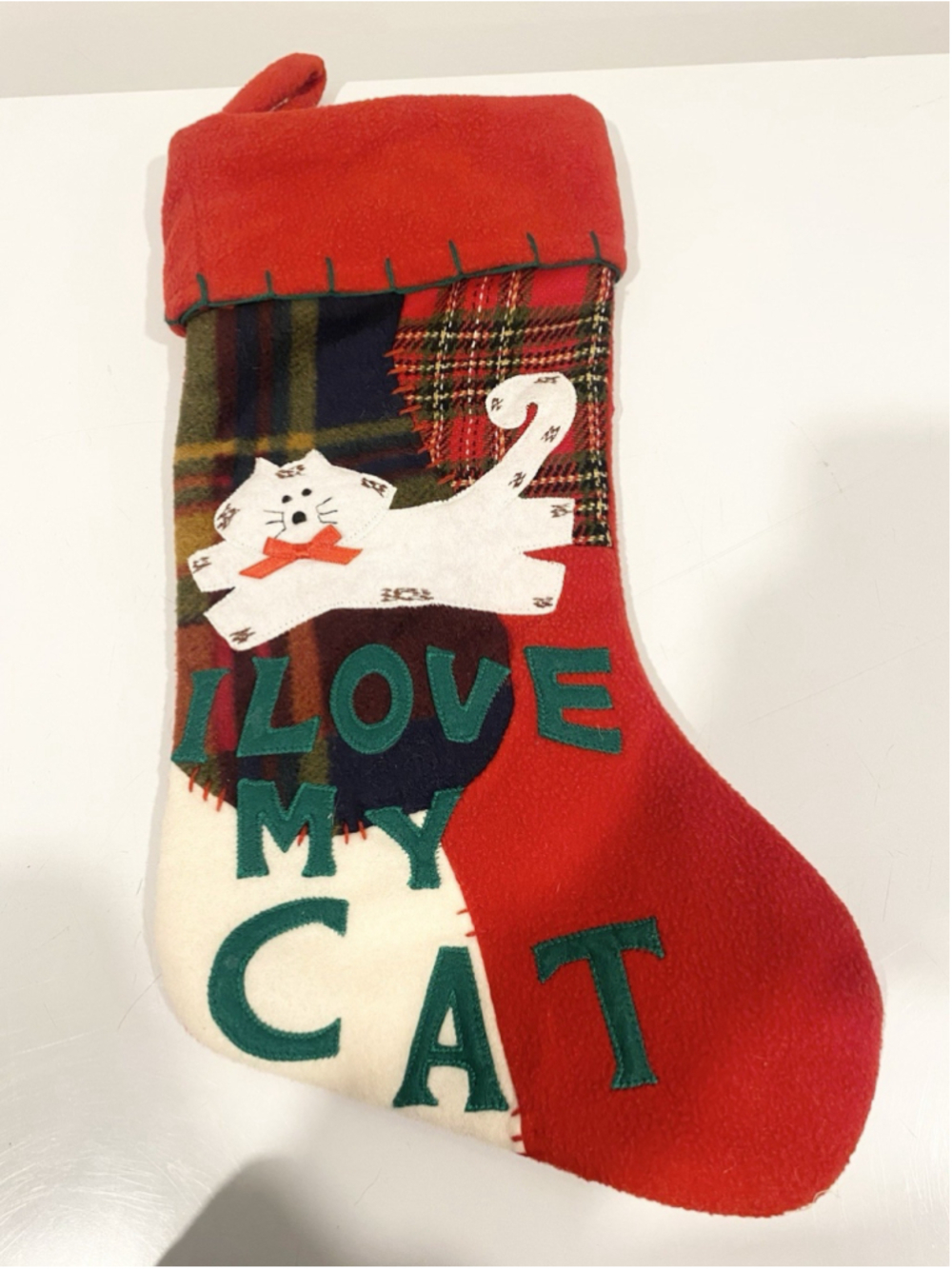 I Love My Cat Christmas Stocking 18” Red Plaid Patchwork Felt Kitty Applique